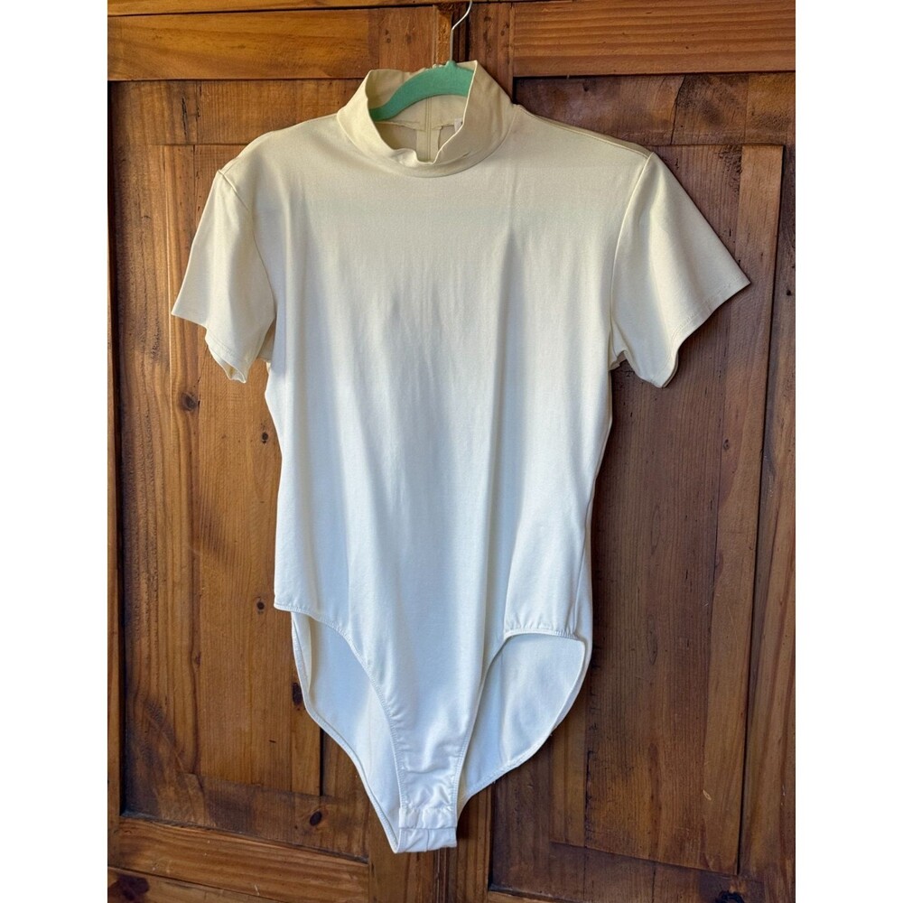 New Vintage Liz Claiborne Collection Beige Mock Neck Short Sleeve Bodysuit Sz L